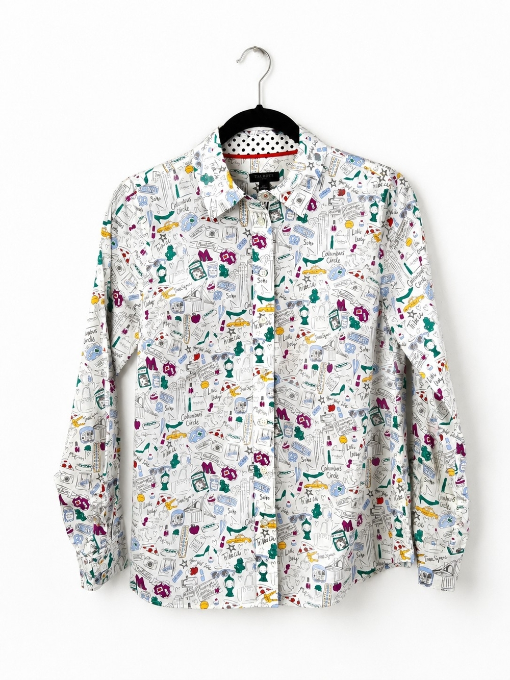 Talbots Petite NYC Print Button Front Shirt 100% Cotton Novelty Blouse SP